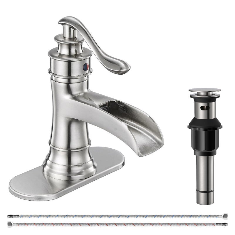 Bathfinesse Waterfall Bathroom Faucet Bathroom Sink Faucet Farmhouse Single Handle 1 Hole with Pop Up Drain Assembly Vanity Water Supply Hose, Brushed Nickel - Image 1
